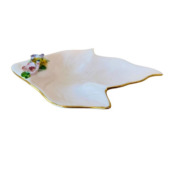 Staffordshire England Pink Trinket Dish Floral Bone China Leaf Gold Trim 5 In L - Picture 5 of 10